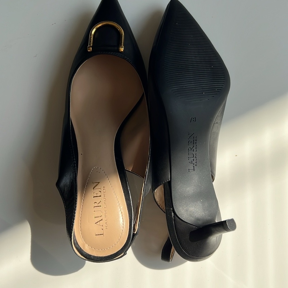 Lauren Ralph Lauren Black Slingback Kitten Heels with Gold Accent - Picture 7 of 9